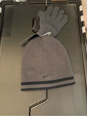 Nike Gray Knit Beanie and Glove Set with Black Stripe